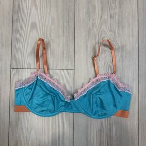 Dora Larsen 34C Siena Delicate Lace Underwire Bra Teal & Orange